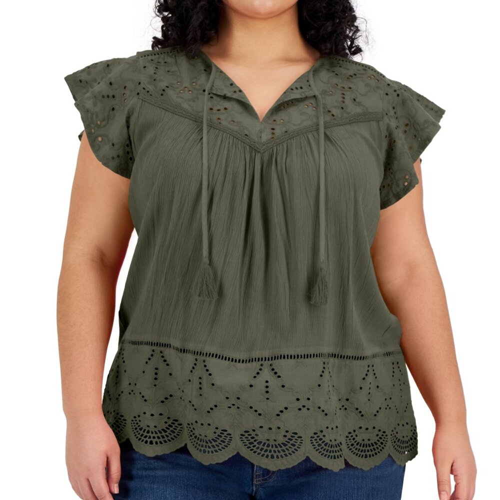 Style & Co Plus Size Eyelet Split-Neck Blouse Olive NWT Size 0X